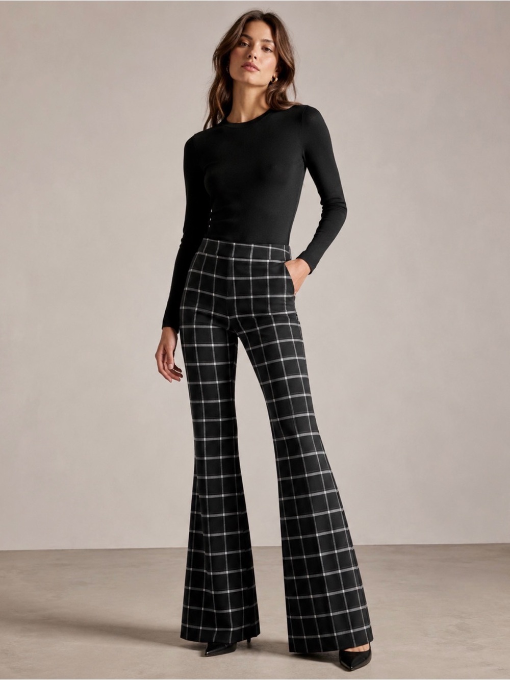 Derek Lam 10 Crosby Plaid Flare Pants Size 6 Black White Long Inseam